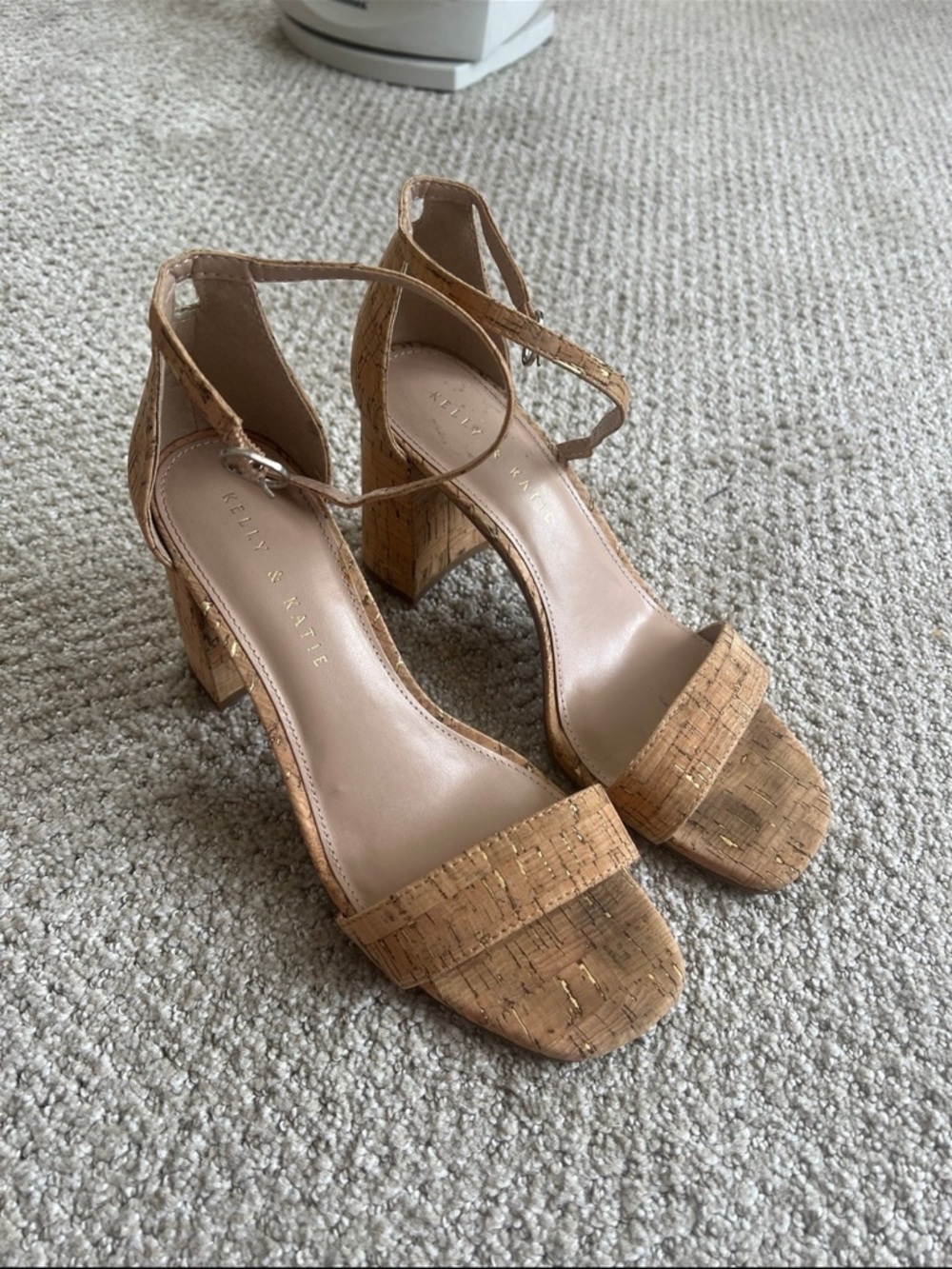Kelly & Katie Cork-Textured Tan Block Heel Sandals